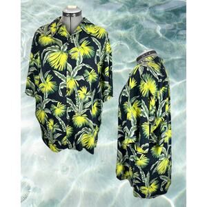 Vintage Old Maui Lime Green Leafy Palm s on Black Hawaiian Shirt Size L
